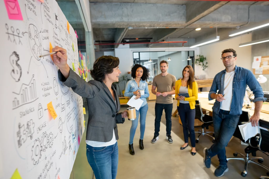 Women presenting in front of a white board.