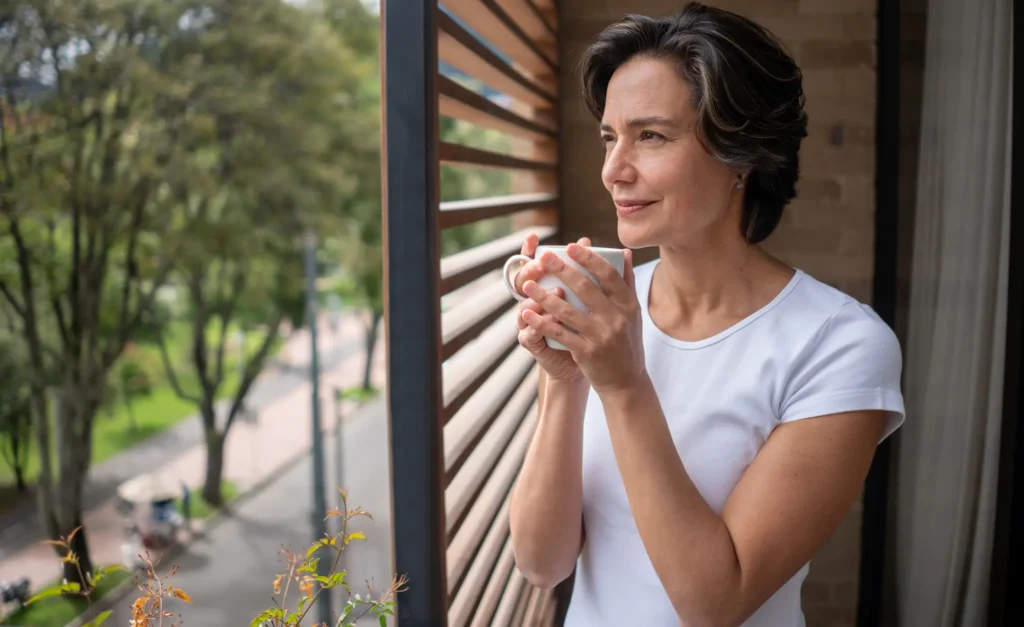 Young woman looking out of her window