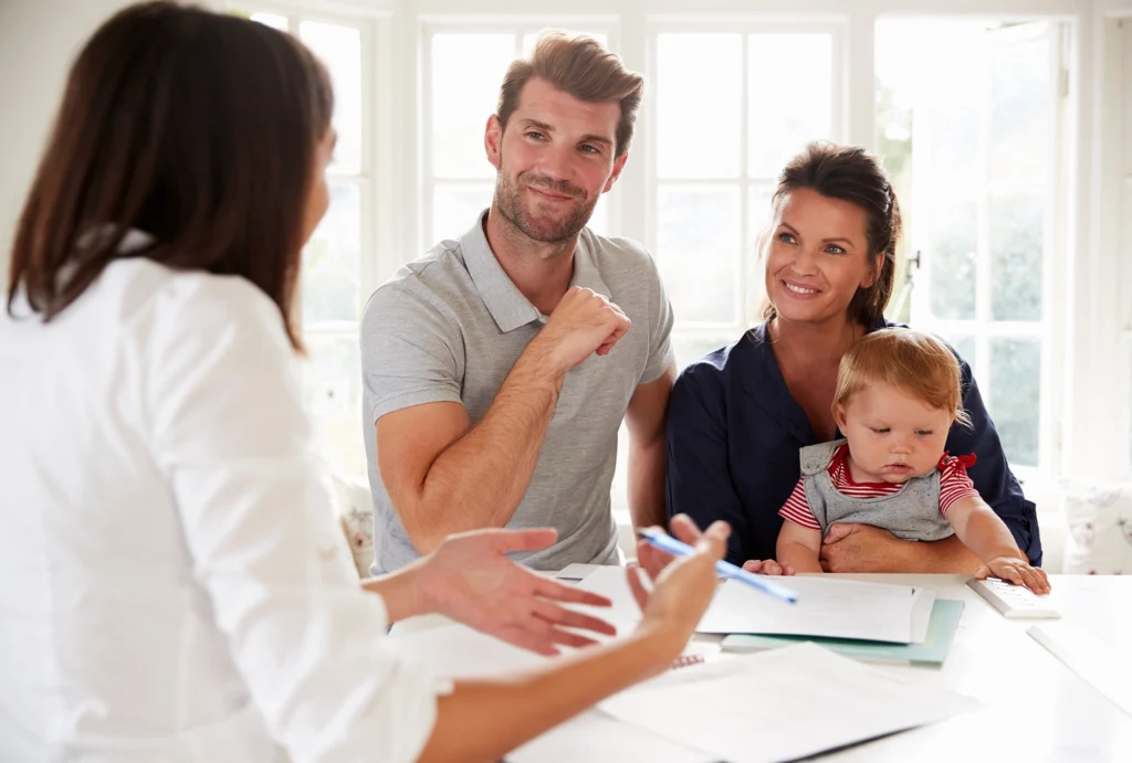 Family having conversation wiht advisor.